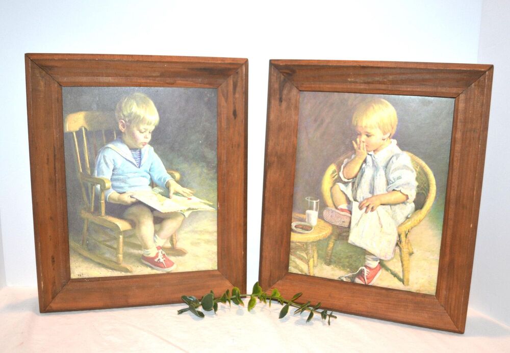 Vintage Boy & Girl Wood Framed Art Traditional